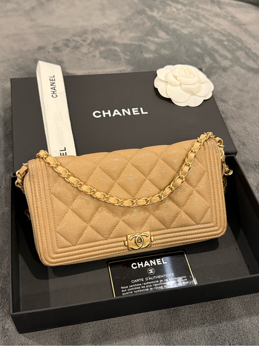 Chanel Boy Beige Quilted Caviar Leather Chain Shoulder Crossbody Bag